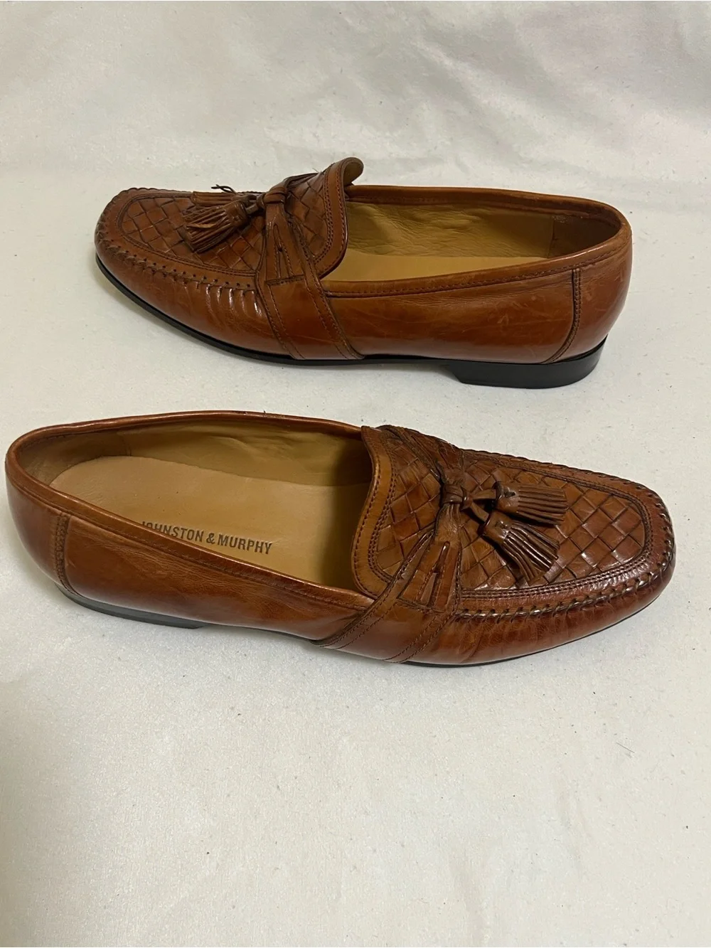 Johnston & Murphy Tan Woven Leather Tassel Loafers